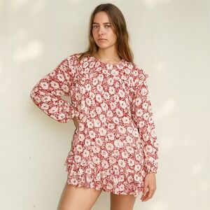 Free People These Dreams Dress Womens Medium Red White‎ Floral Mini Ruffle Trim